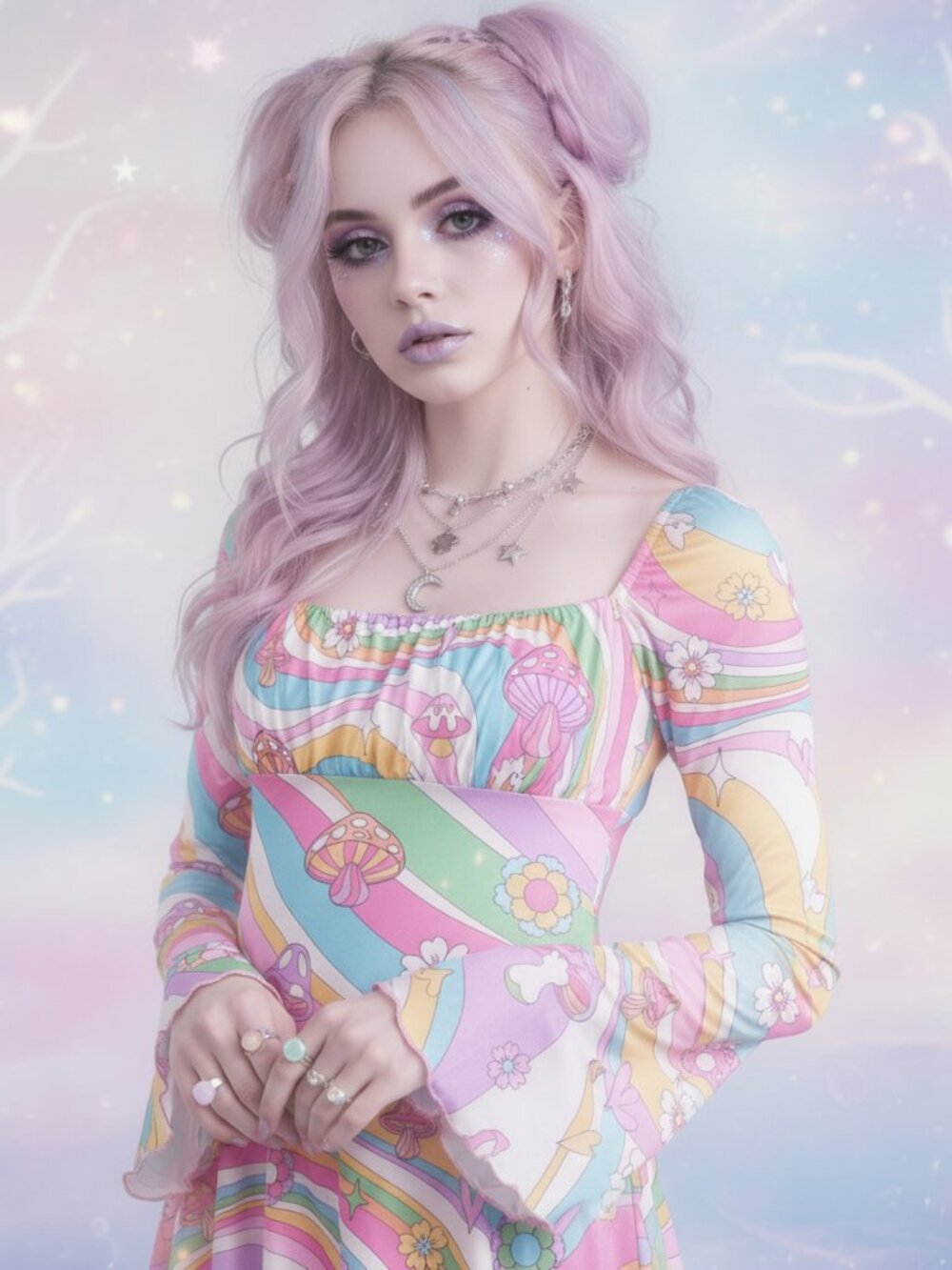 DOLLS KILL Sugar Thrillz Technicolor Dream bell sleeve mini dress